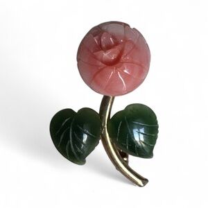 Vintage Pink Coral Rose With Jade Carved Leaves Brooch